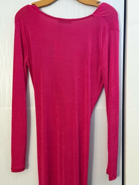 Mango Pink Deep V Twist Front Maxi Long Sleeve Bodycon Slit Dress - Picture 8 of 8